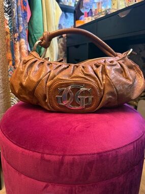 Guess Brown Ruched Shoulder Bag with Logo Emblem